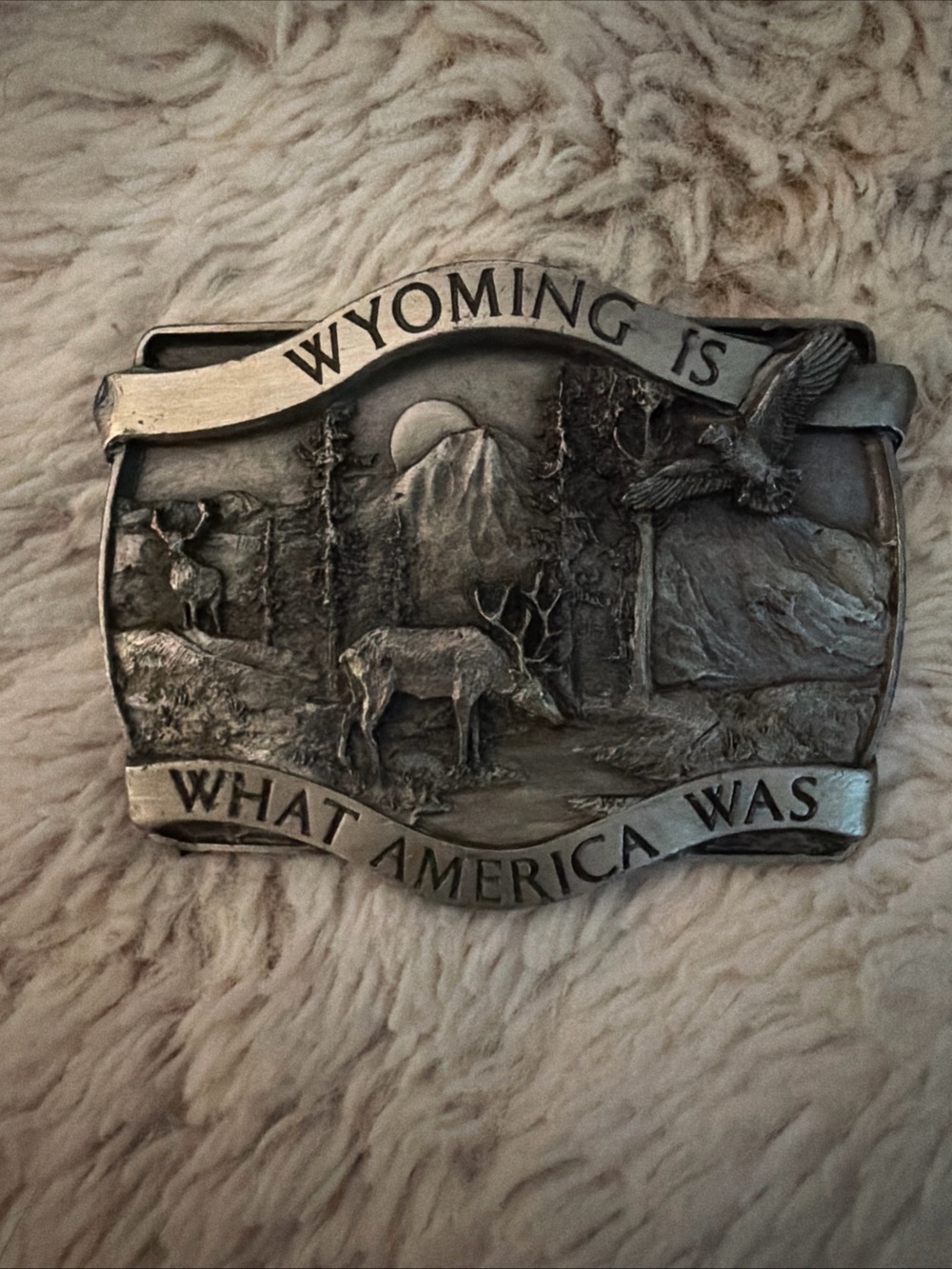 Vintage 1981 Bergamot Brass Works Wyoming Is What America Was Belt Buckle
